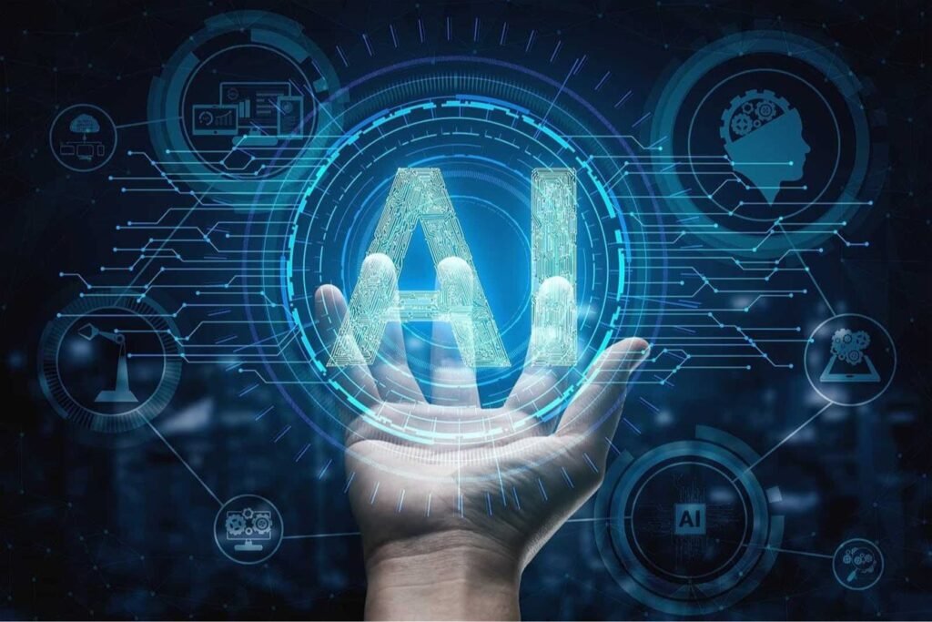 تصميم رقمي لذكاء اصطناعي ويد بشرية وسط دوائر وتقنيات رقمية