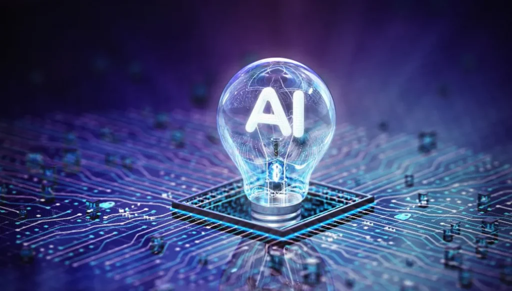 مصباح مضيء يحمل رمز AI فوق لوحة دوائر إلكترونية
