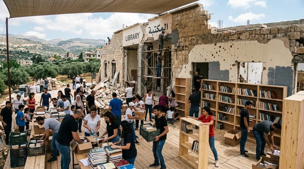 أشخاص يجتمعون في ساحة تضم رفوفًا للكتب أمام مبنى.